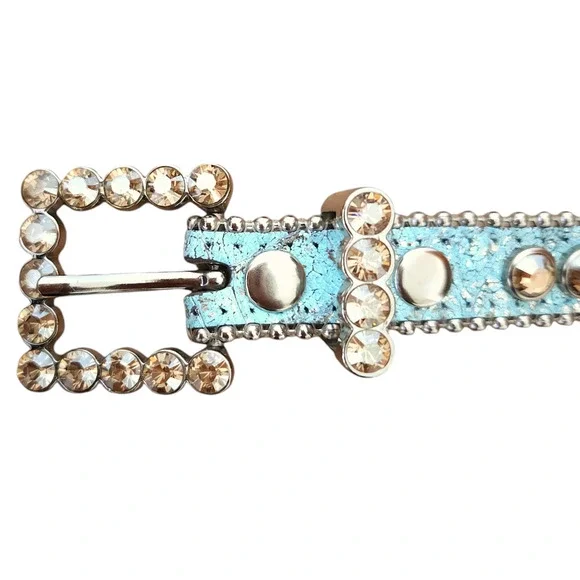 B.B. SIMON Alegra leather skinny Swarovski Crystal skinny belt blue metallic L - Picture 3 of 7